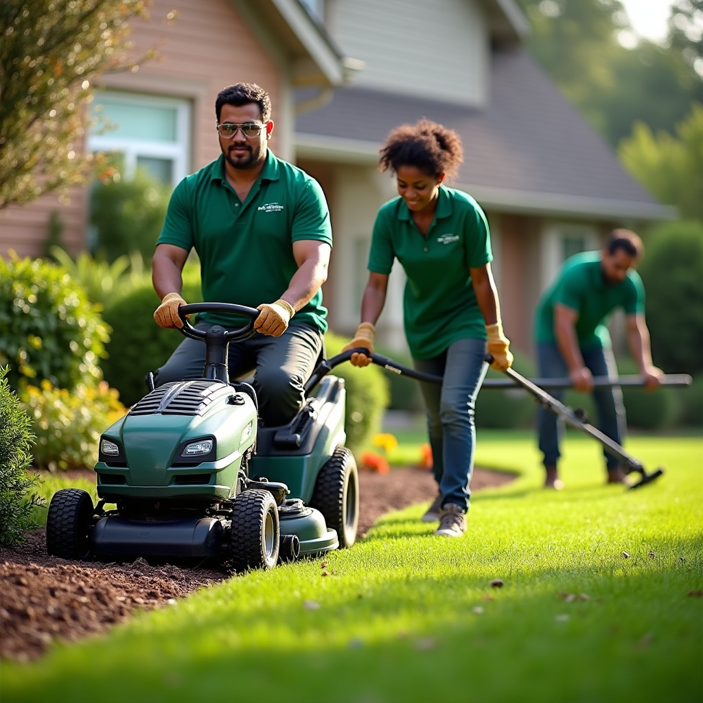 Professional maintenance crew working together on residential property