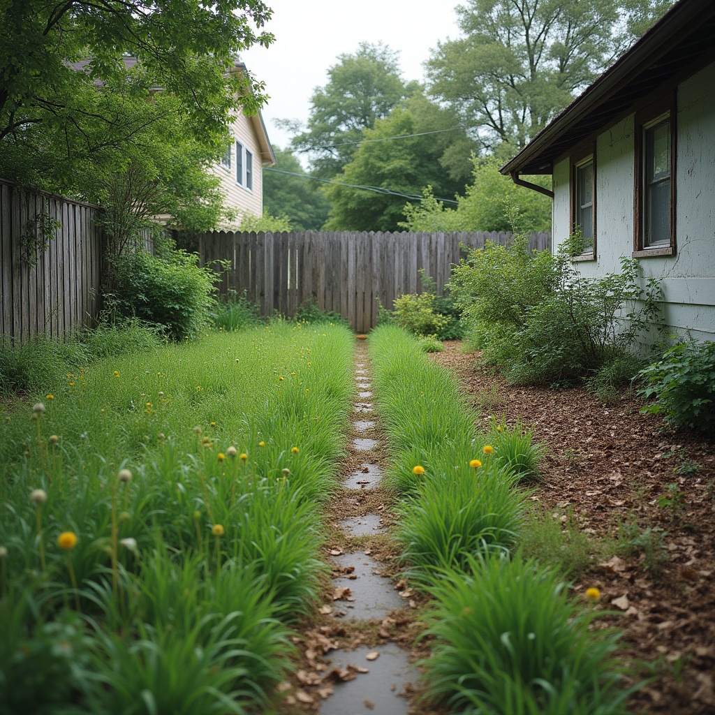 Overgrown yard before professional maintenance
