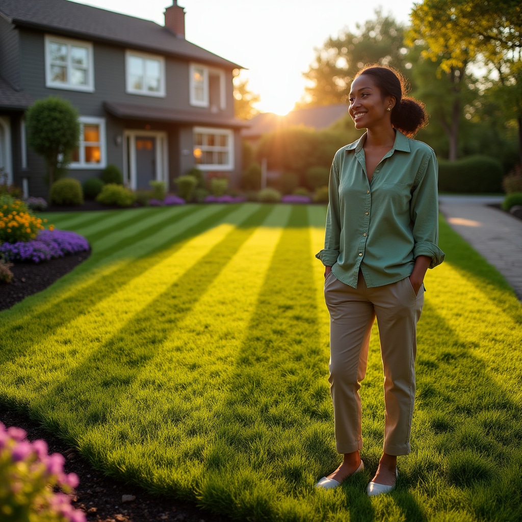 Beautifully maintained residential lawn with seasonal flower beds